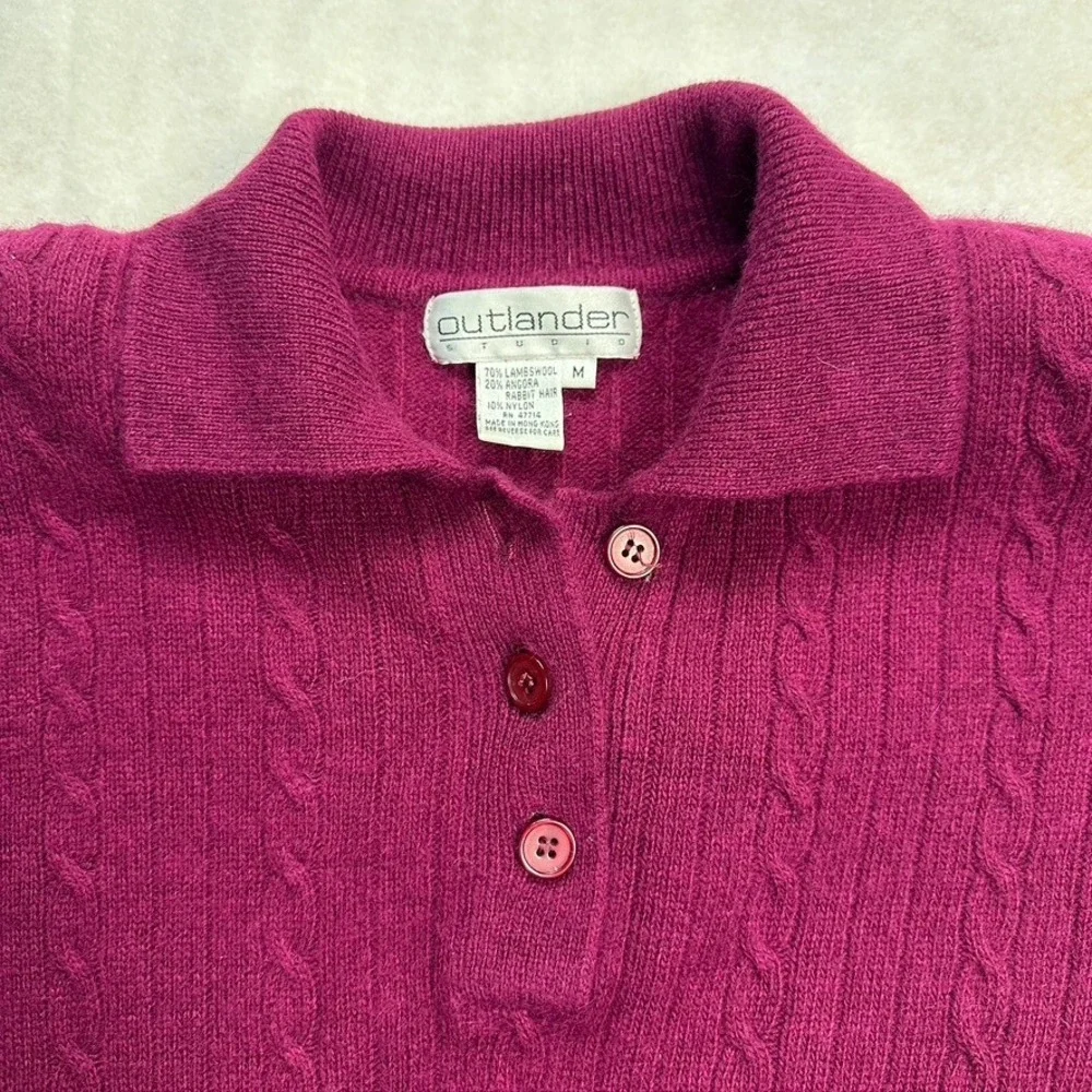 Vintage Outlander Studio Lambswool Angora Cable Knit Polo‎ Sweater Dress Pink M